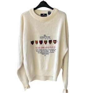 Structure Sz L Vintage Ramie Cotton Off-White Crew Embroidered Crests Preppy